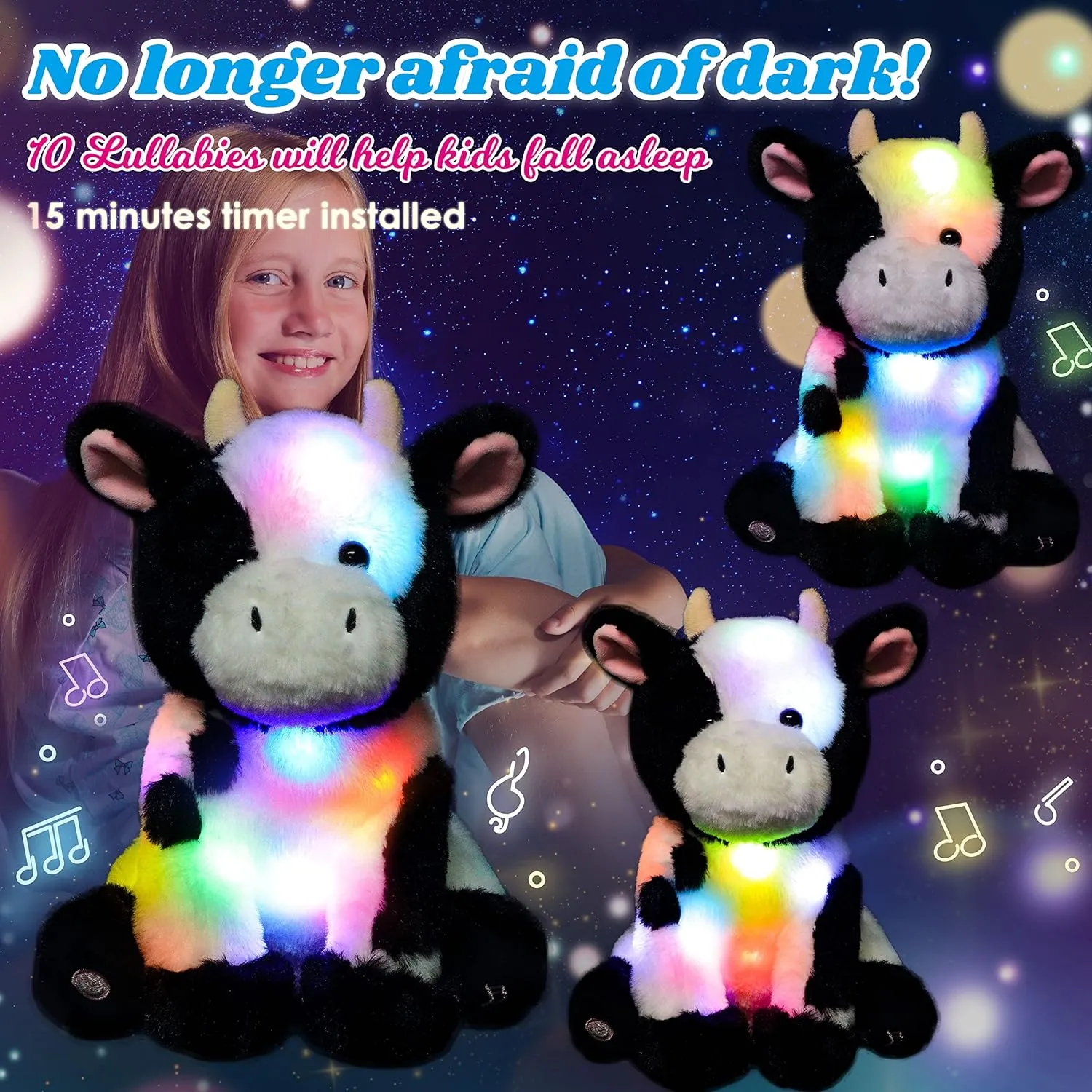 Lullaby Plushies Birthday Christmas Toy Gifts for Kids Toddler Girls, 13 Cuteoy Cow LED Musical Stuffed Animal Light-up elevator morphology Singing Plush Adjustable Volume 