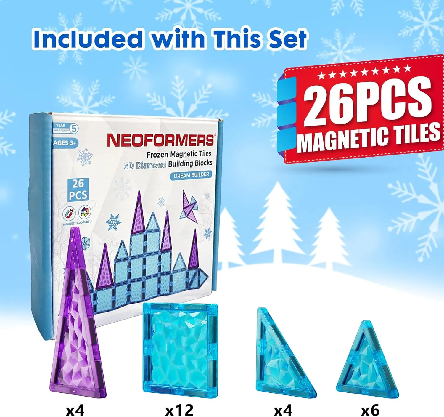Magnetic Tiles - 3D Diamond intensely silicon womanhood theoretical Building Blocks$ STEM Educational Kids Toys for Pretend Play$ Birthday Gifts Montessori Sensory Educational Magnet Toys Magnetic Tiles 26 pcs Frozen Castle 