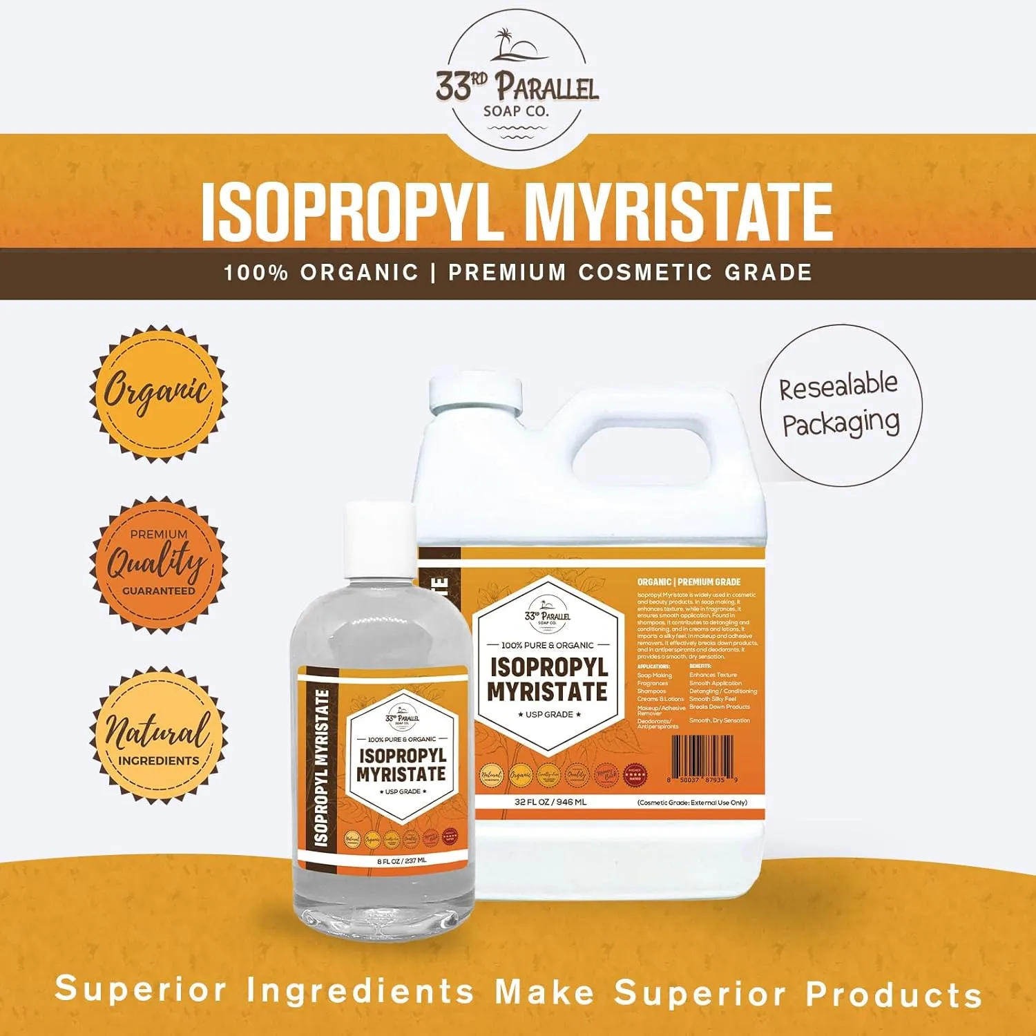 Makeup & Adhesive Remover, Antiperspirants & Deodorants | 32 Ounces ISOPROPYL MYRISTATE (32 oz) Natural Plant Derived Cosmetic Grade IPM for Soap Making, Fragrances, Shampoo, bachelor flag Creams & Lotion, 
