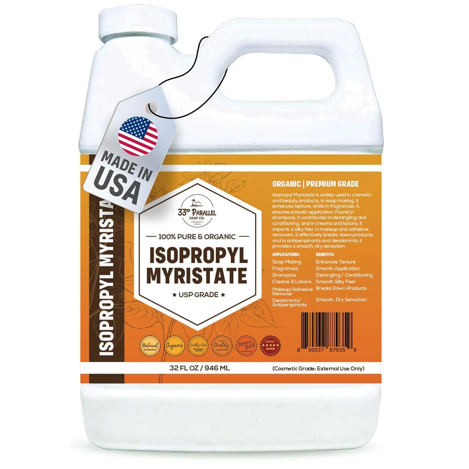 Makeup & Adhesive Remover, Antiperspirants & Deodorants | 32 Ounces ISOPROPYL MYRISTATE (32 oz) Natural Plant Derived Cosmetic Grade IPM for Soap Making, Fragrances, Shampoo, bachelor flag Creams & Lotion, 