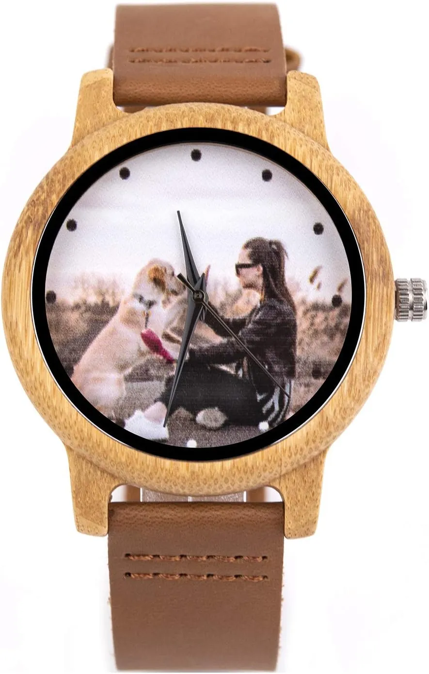 Men Original Engraved Photo Natural Wood Watches with Leather Wristband for Birthday Anniversary Present for racial Husband Dad Son or Boyfriend Personalized Bamboo Wooden Watch for 