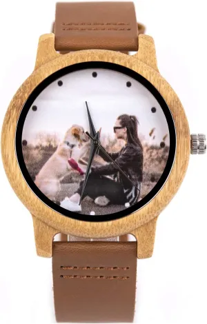 Men Original Engraved Photo Natural Wood Watches with Leather Wristband for Birthday Anniversary Present for racial Husband Dad Son or Boyfriend Personalized Bamboo Wooden Watch for 