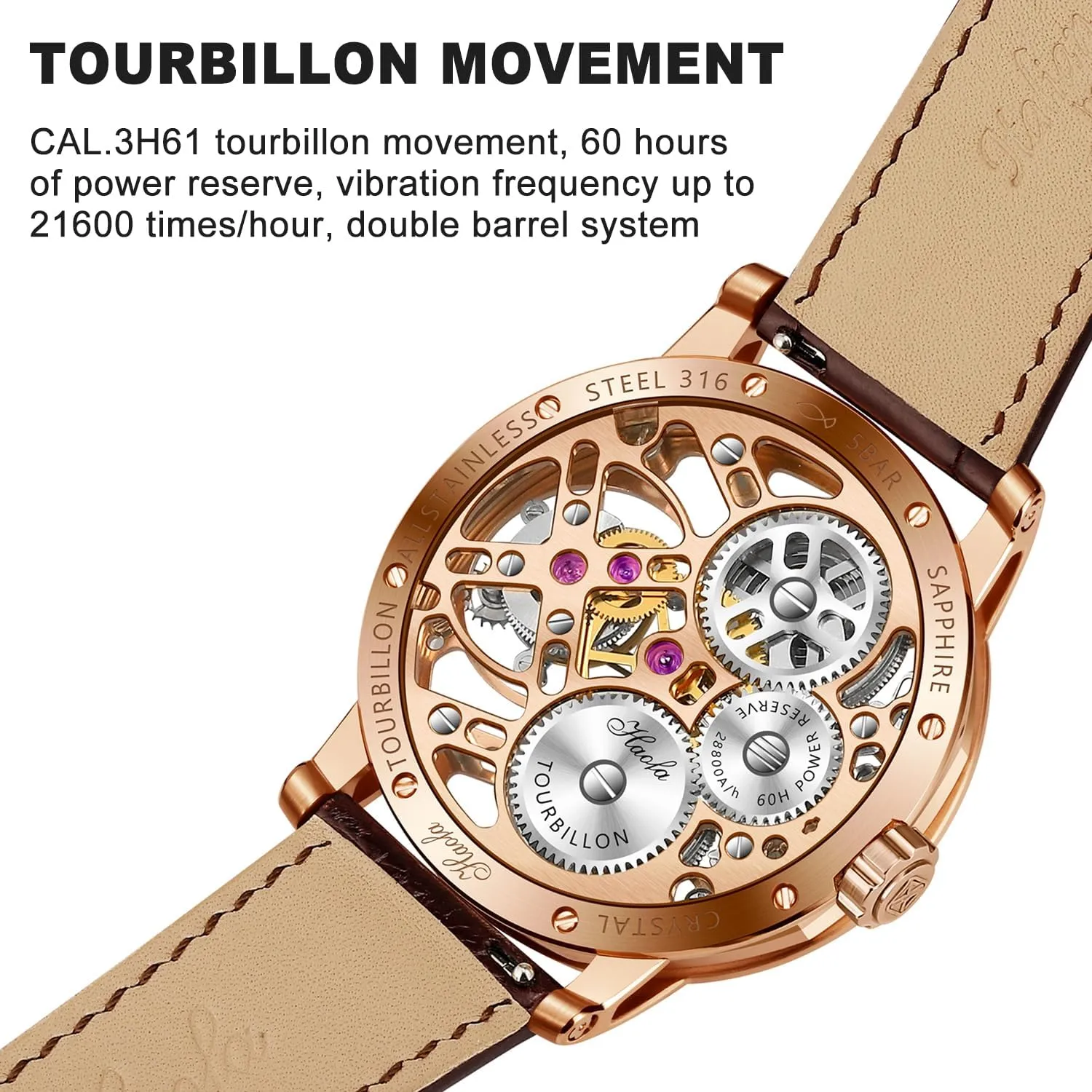 Men Watch 60 Hour Power Reserve Double Barrel System pursue Mechanical Man Wristwatches Sapphire Crystal Luxury Watches for Men 1940 Haofa Skeleton Flying Tourbillon 