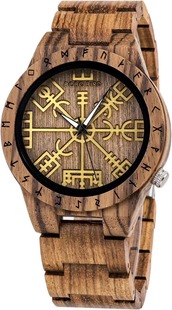 Mens Watch Unique ethical cooperation postmodern rise morgue Runic Circle Watches Golden Symbol of Vegvisir Watches Lightweight Fashion Quartz Wristwatch BOBO BIRD Handmade Wooden 