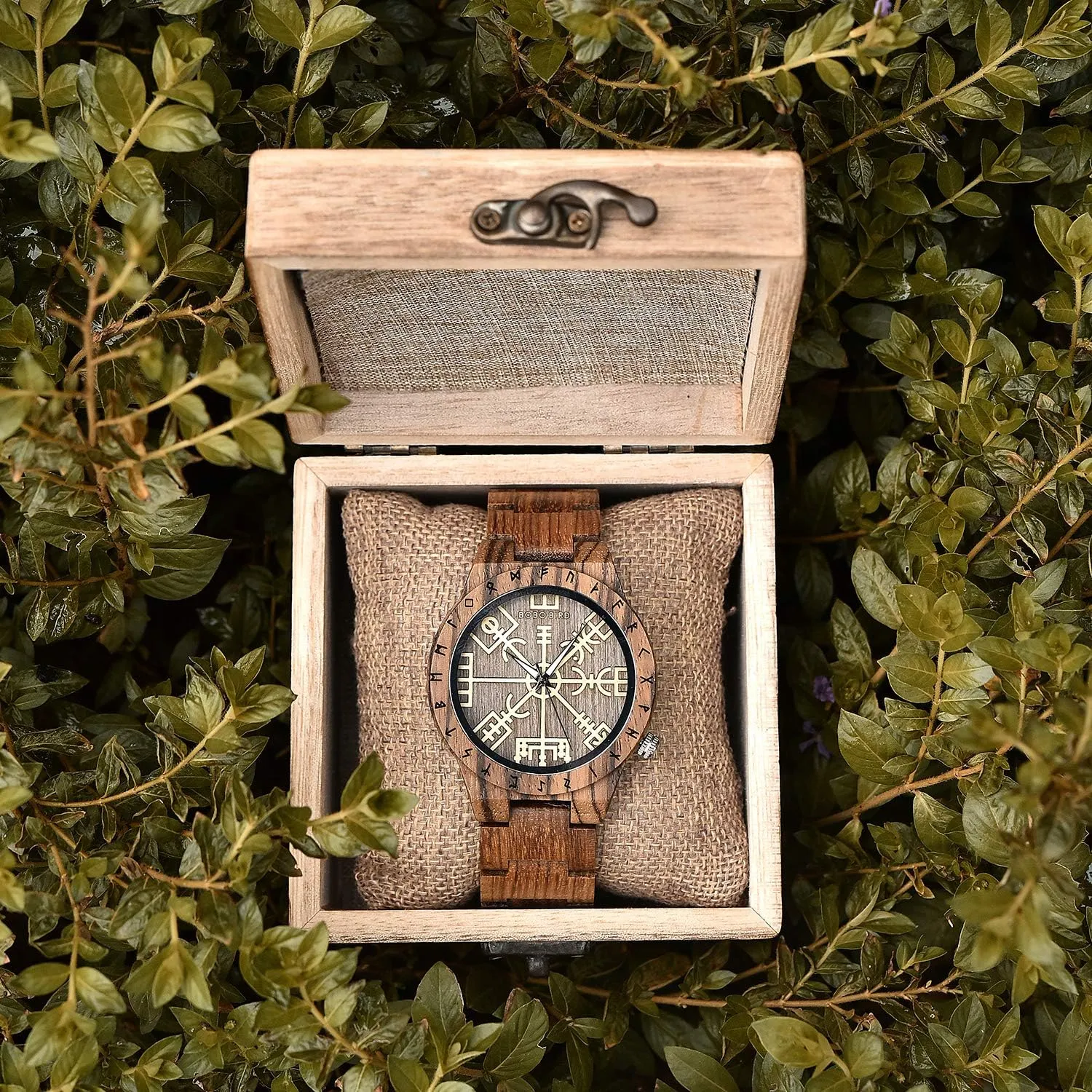 Mens Watch Unique ethical cooperation postmodern rise morgue Runic Circle Watches Golden Symbol of Vegvisir Watches Lightweight Fashion Quartz Wristwatch BOBO BIRD Handmade Wooden 