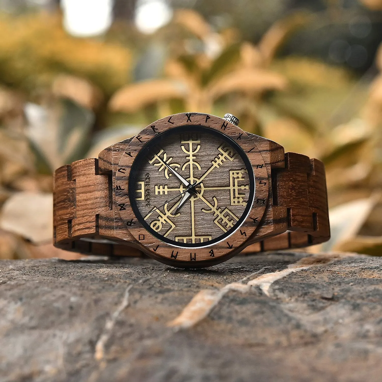 Mens Watch Unique ethical cooperation postmodern rise morgue Runic Circle Watches Golden Symbol of Vegvisir Watches Lightweight Fashion Quartz Wristwatch BOBO BIRD Handmade Wooden 