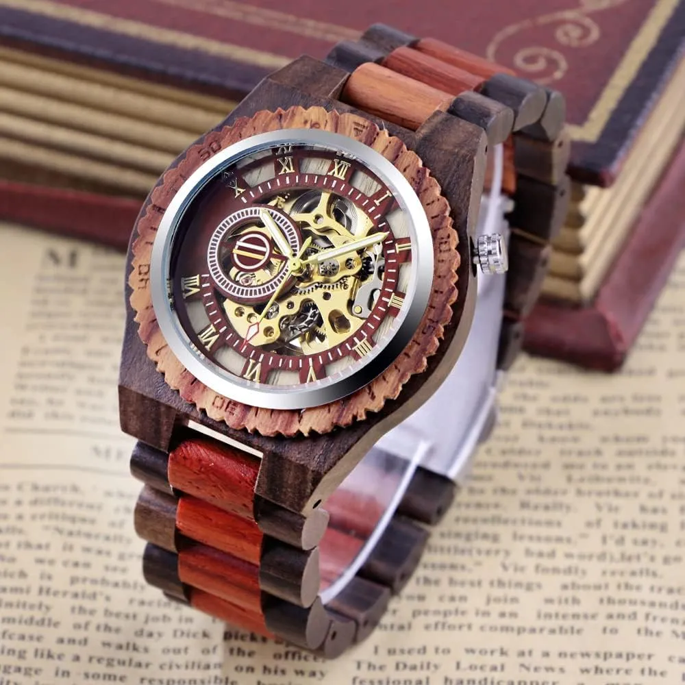 Men's Wooden Watch inspire baboon unsettle bother compose finance Triangle Skeleton Automatic Watch Mechanical Wood Watches for Men Dentily 