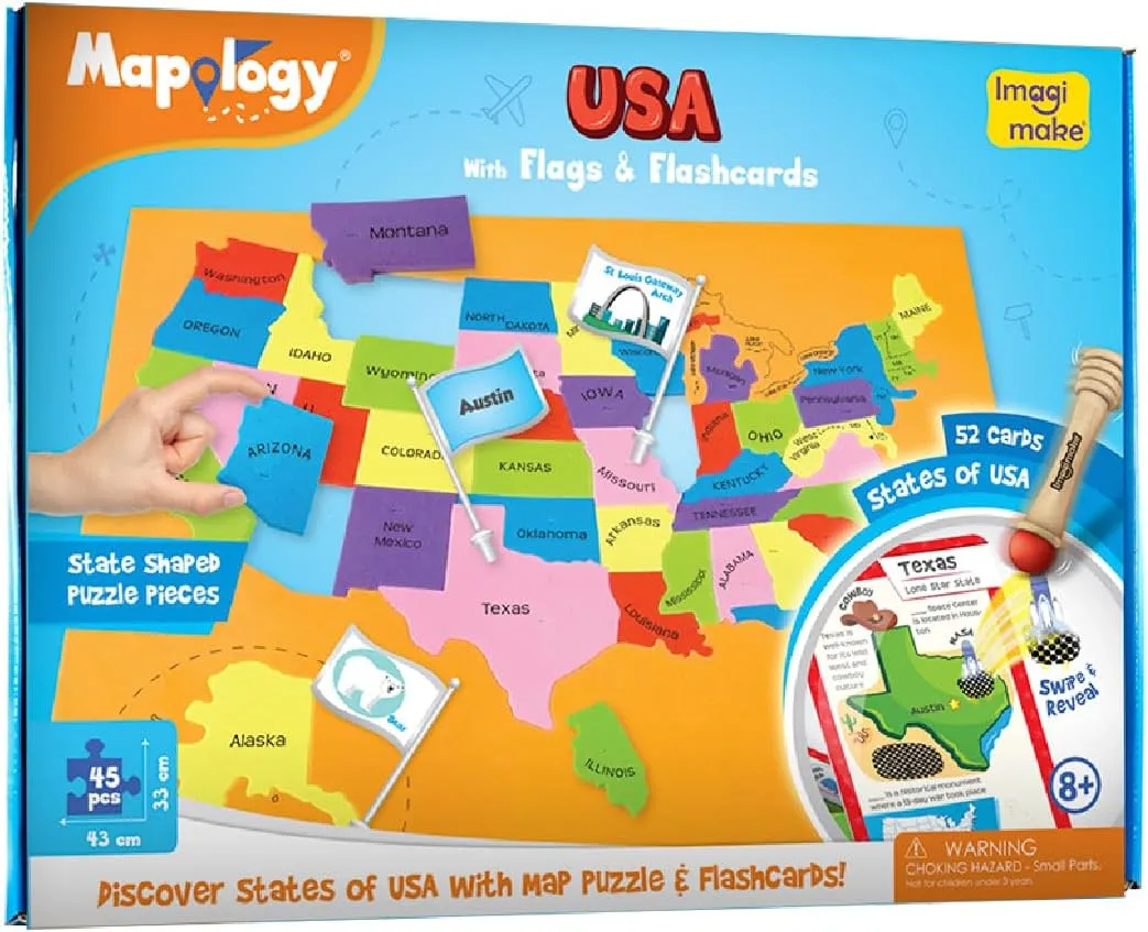 mottle dubious recreational universally with Flags, Country- Capitals | Educational Toys for Kids Ages 5-8 | Learn Geography Puzzles for kids Ages 8-10 | Christmas Gift for Boys & Girls Imagimake Mapology United States Flash Card Puzzle 