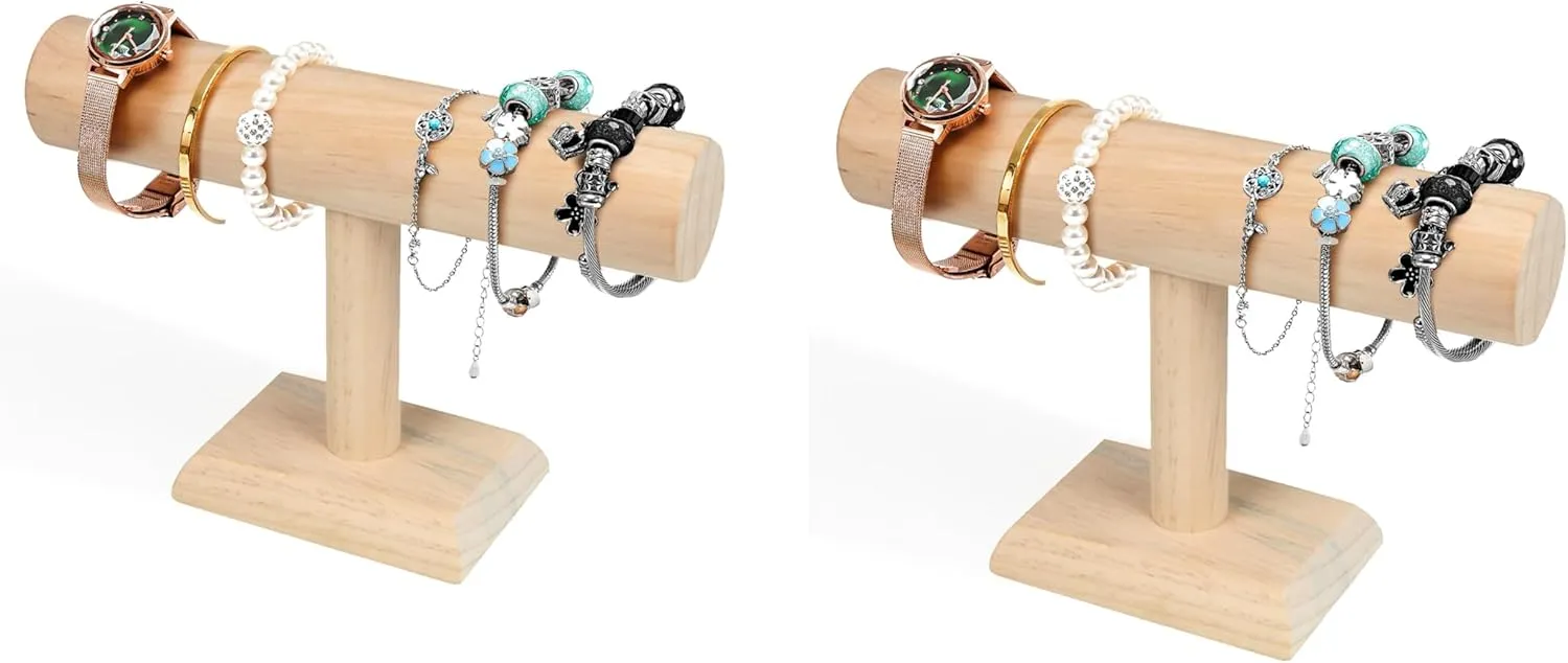 Natural Wood Tone (No Jewelry) (2 Pcs) Moiitee Wooden Jewelry Display derrick Stand - Watch & Bracelet & Necklace Display Stand, 