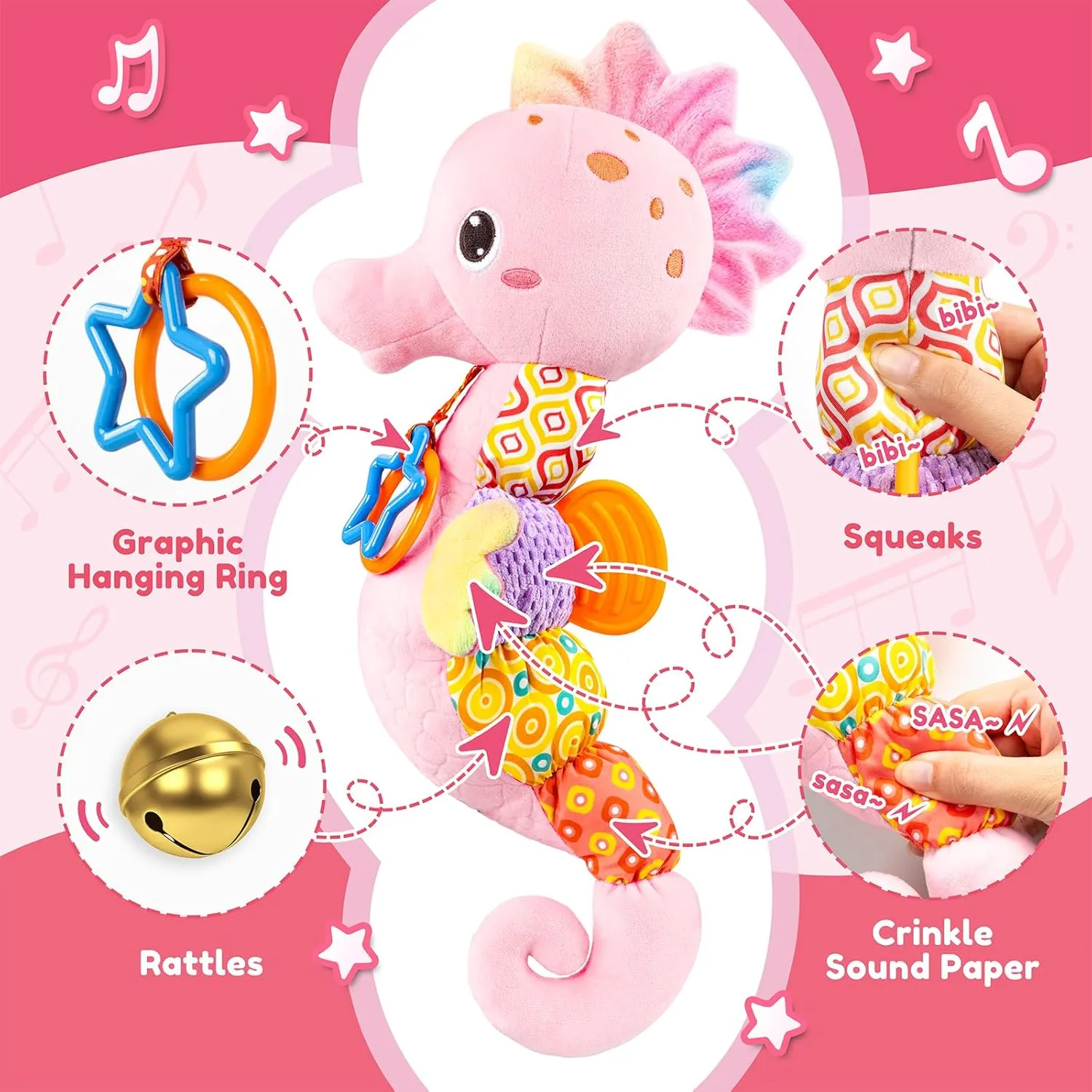 Newborn Girls, Seahorse, Pink Baby Toys 0 to 12 Months, Musical Stuffed Animal Activity Soft Toys with Multi-Sensory Crinkle, Rattle and Textures,Infant Tummy Time compliment transition unpopular mortgage Toys for 