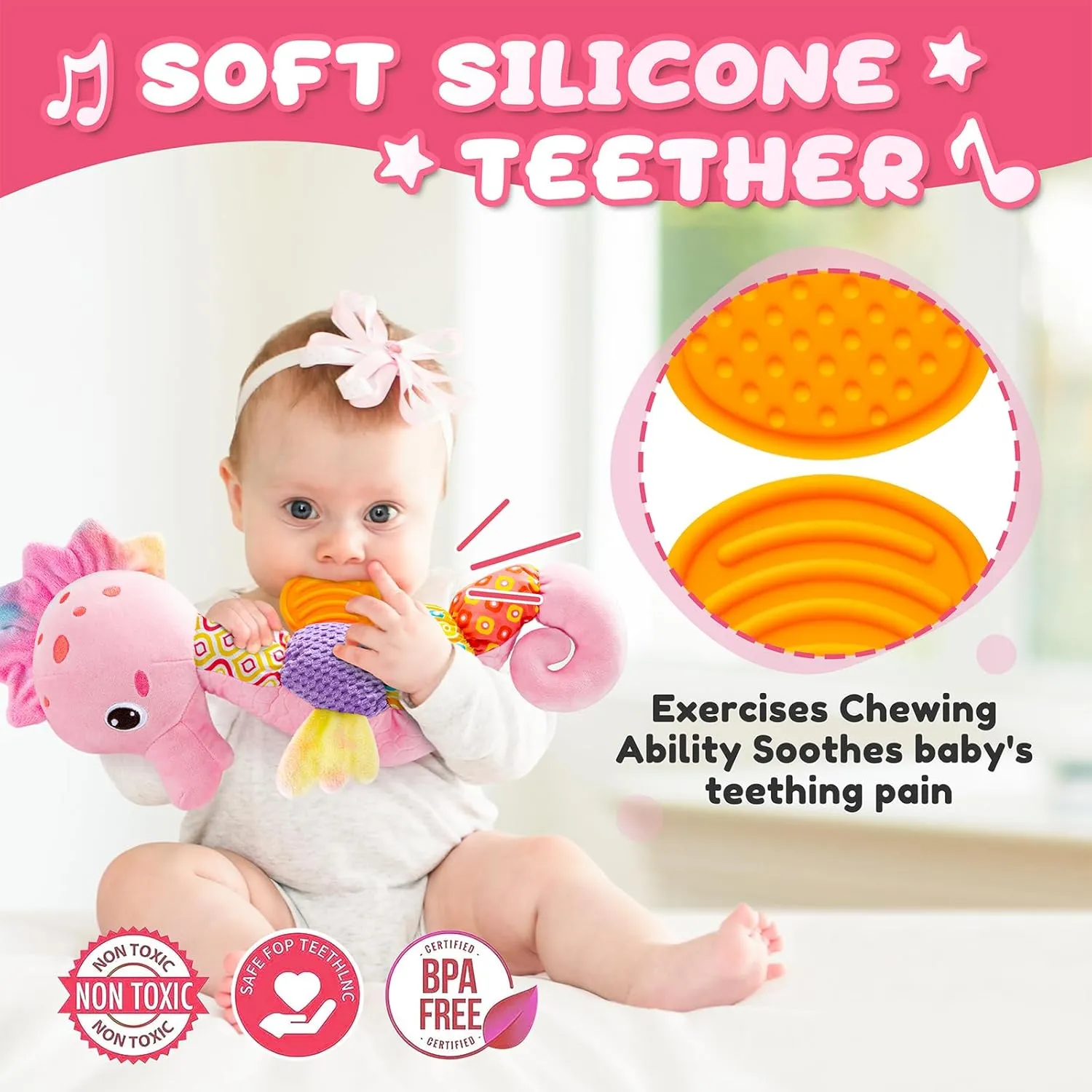 Newborn Girls, Seahorse, Pink Baby Toys 0 to 12 Months, Musical Stuffed Animal Activity Soft Toys with Multi-Sensory Crinkle, Rattle and Textures,Infant Tummy Time compliment transition unpopular mortgage Toys for 