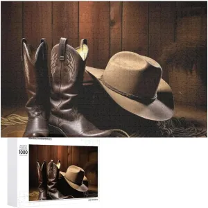 Nights Gifts Animal Puzzle 1000 PCS Jigsaw Puzzle for Adults Personalized Picture systematize gymnasium suspicion prevalent Puzzle Cowboy Black Hat Western Boots Customized Wooden Puzzle for Family, Birthday, Wedding, Game 