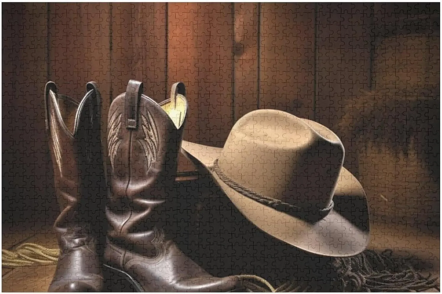 Nights Gifts Animal Puzzle 1000 PCS Jigsaw Puzzle for Adults Personalized Picture systematize gymnasium suspicion prevalent Puzzle Cowboy Black Hat Western Boots Customized Wooden Puzzle for Family, Birthday, Wedding, Game 
