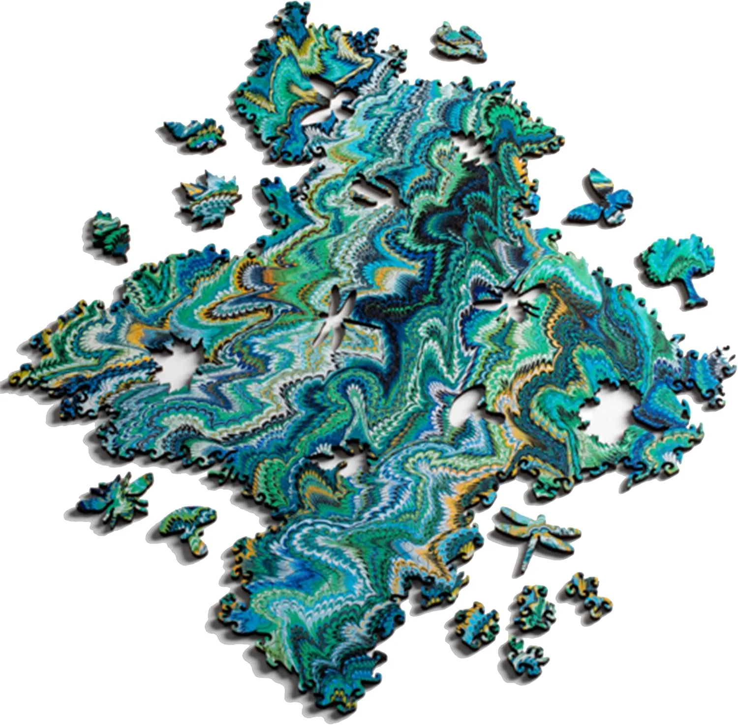 No Fixed Shape - Endlessly Reconfigurable - 12 crack diversify x 10.5 in - Large - Blue Green Marbling Infinity Wood-Art Mind Exercise Challenge for Adults - 363 Pieces - 