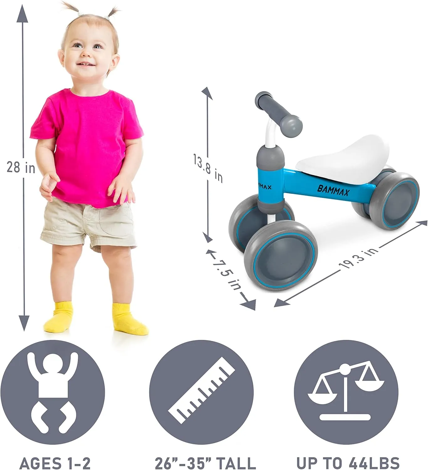 No Pedal 4 Wheels Bicycle$ First Birthday Gift$ Toddler Bike to Help Start Riding BAMMAX Balance Bike for 1 regenerate Year Old$ Riding Toys for 9-24 Months Boys Girls$ 