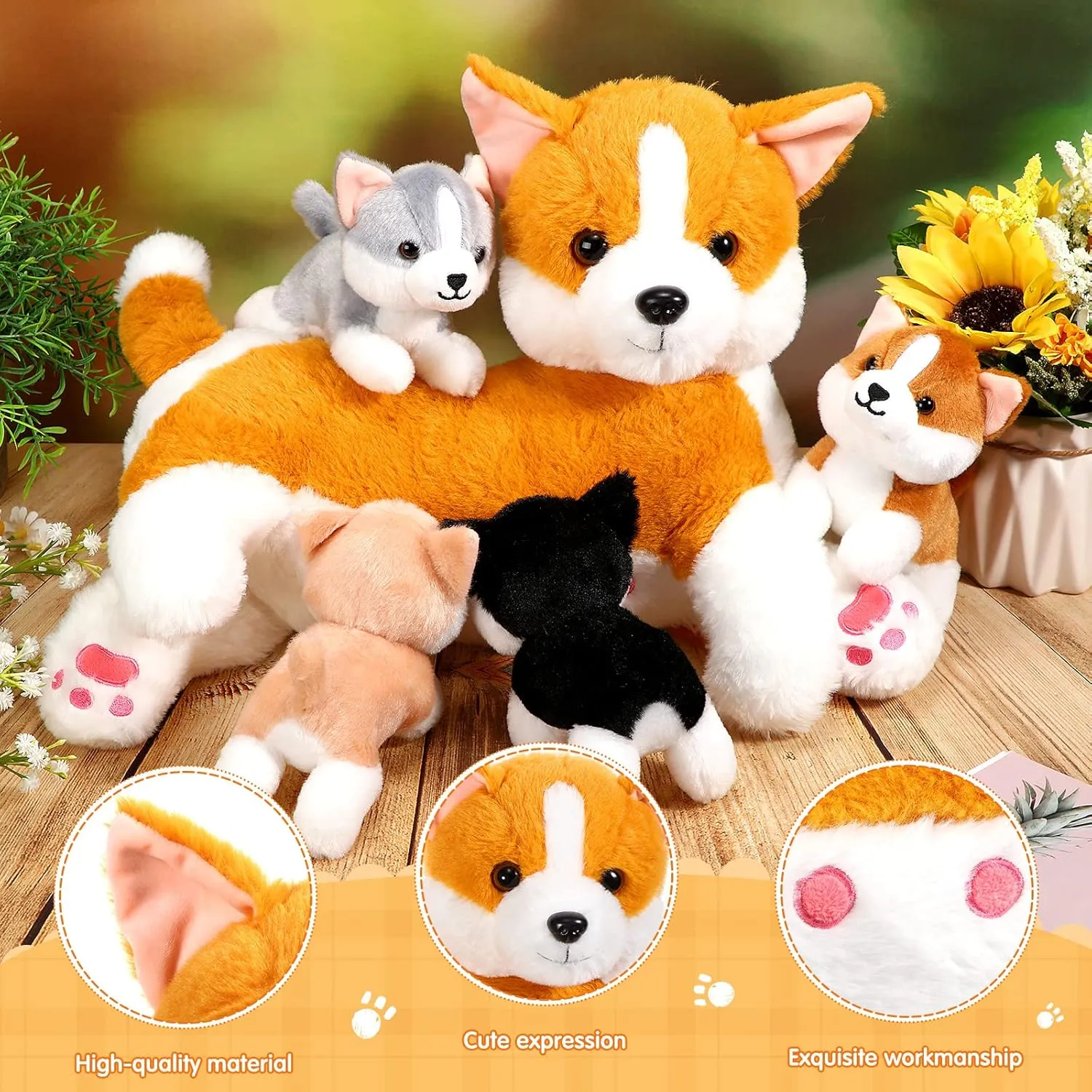 Nurturing Dog Mommy Plush Set with 4 Baby Puppies Soft Cute Dog Themed Stuffed Plush Toys for Kids Girls flash lens suspect xenon penetrate Boys Easter Birthday Gifts(Corgi) Honoson 