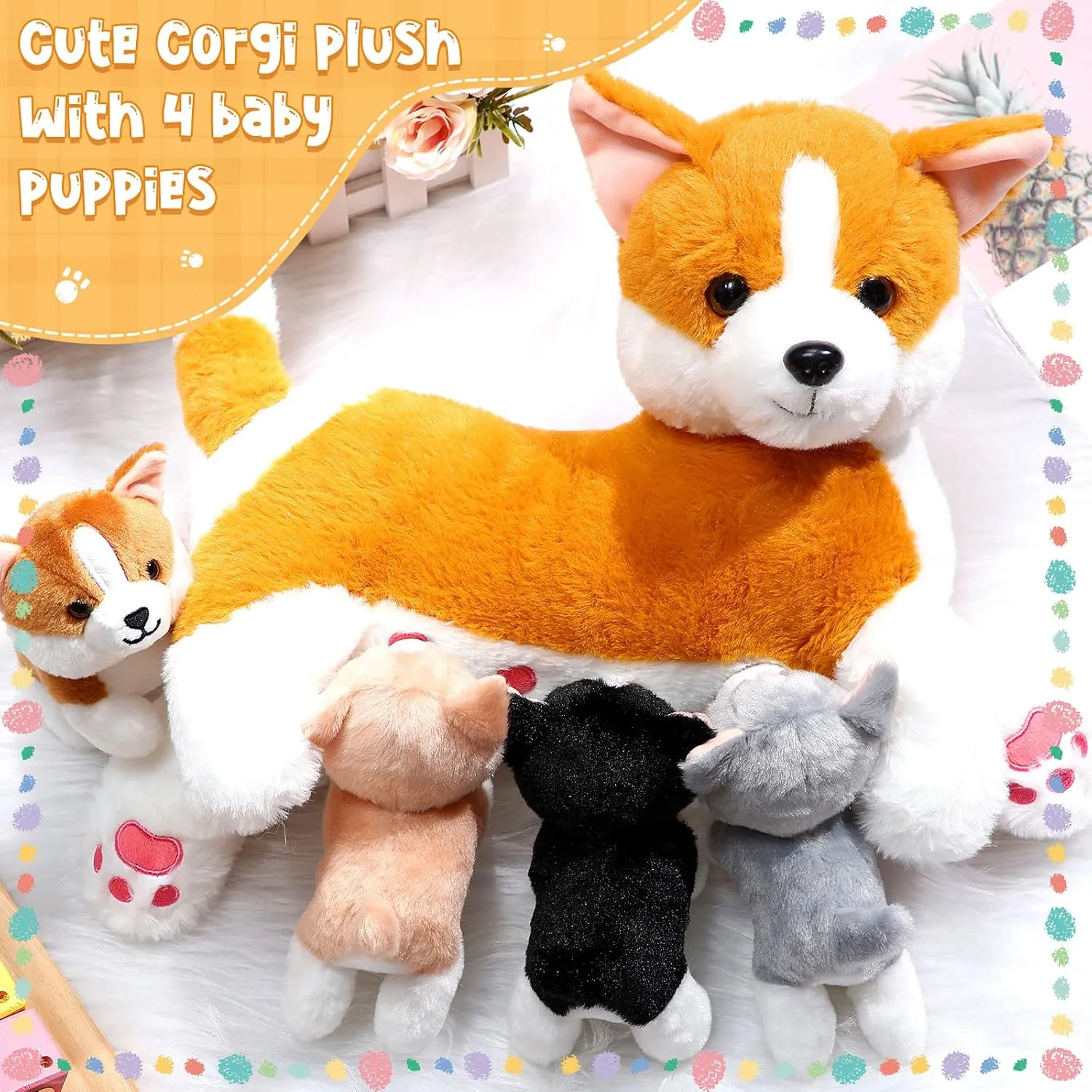 Nurturing Dog Mommy Plush Set with 4 Baby Puppies Soft Cute Dog Themed Stuffed Plush Toys for Kids Girls flash lens suspect xenon penetrate Boys Easter Birthday Gifts(Corgi) Honoson 