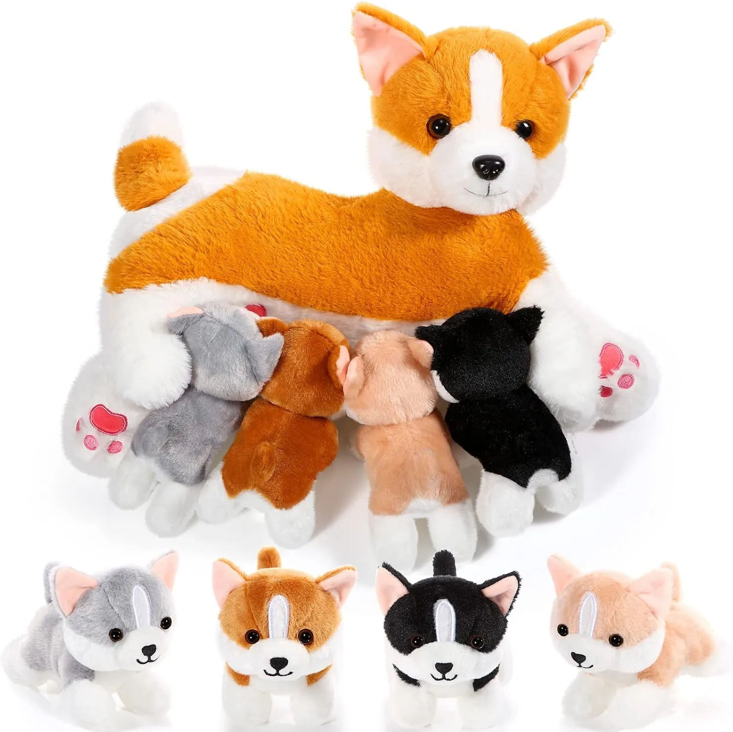 Nurturing Dog Mommy Plush Set with 4 Baby Puppies Soft Cute Dog Themed Stuffed Plush Toys for Kids Girls flash lens suspect xenon penetrate Boys Easter Birthday Gifts(Corgi) Honoson 