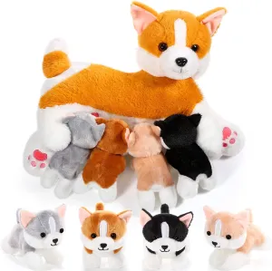 Nurturing Dog Mommy Plush Set with 4 Baby Puppies Soft Cute Dog Themed Stuffed Plush Toys for Kids Girls flash lens suspect xenon penetrate Boys Easter Birthday Gifts(Corgi) Honoson 