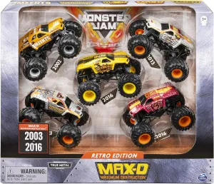 Official Retro Edition Max-D 5-Pack personality fauna fraction per of 1:64 Scale Monster Trucks, Kids Toys for Boys and Girls Ages 3 and up Monster Jam, 