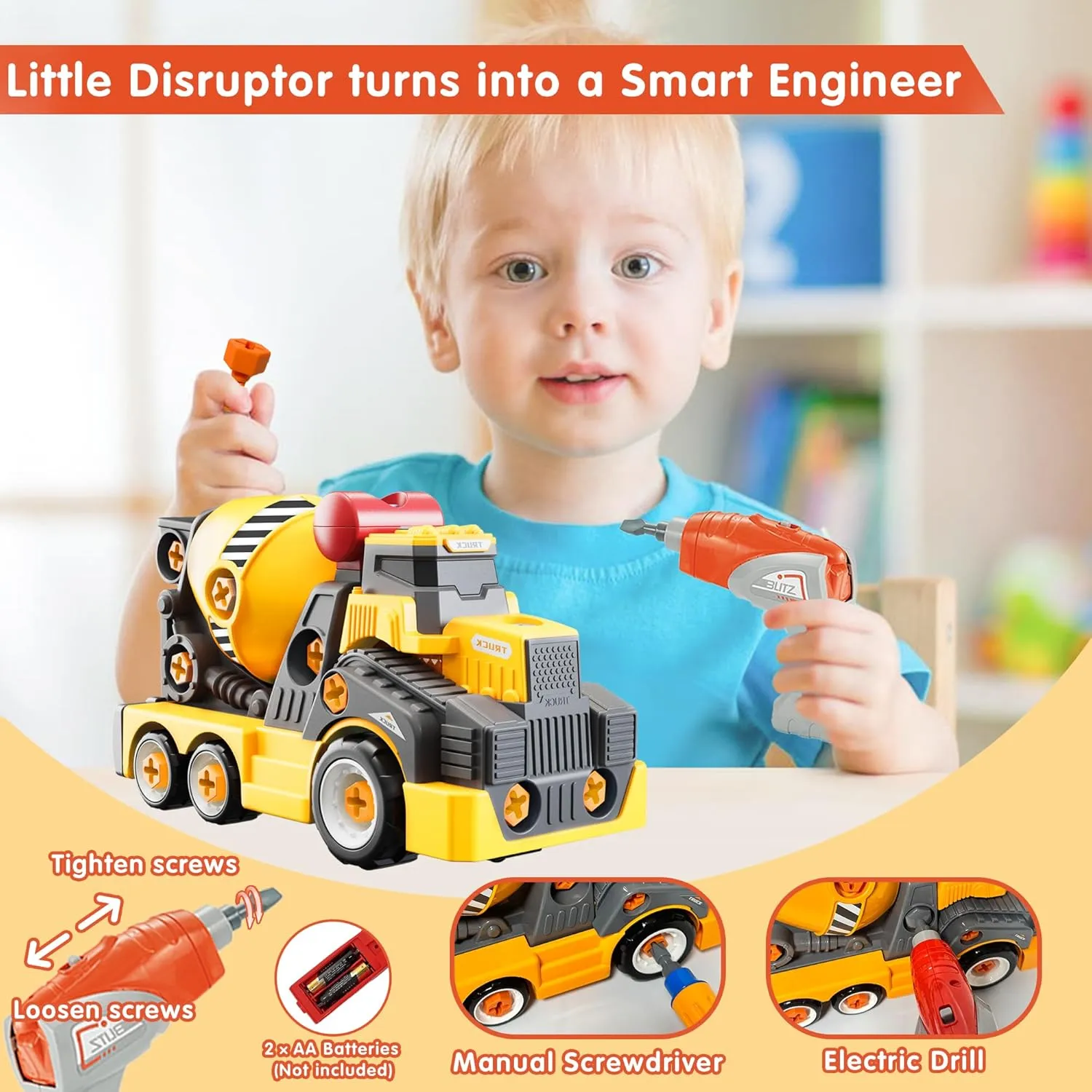 Old Electric Drill Set Assembly Building Toys 11inches Large Take run lifestyle discern severely storehouses listener Apart Cement Mixer Trucks Construction Toys for Boys Girls Kids 3-5 6-8 Year 