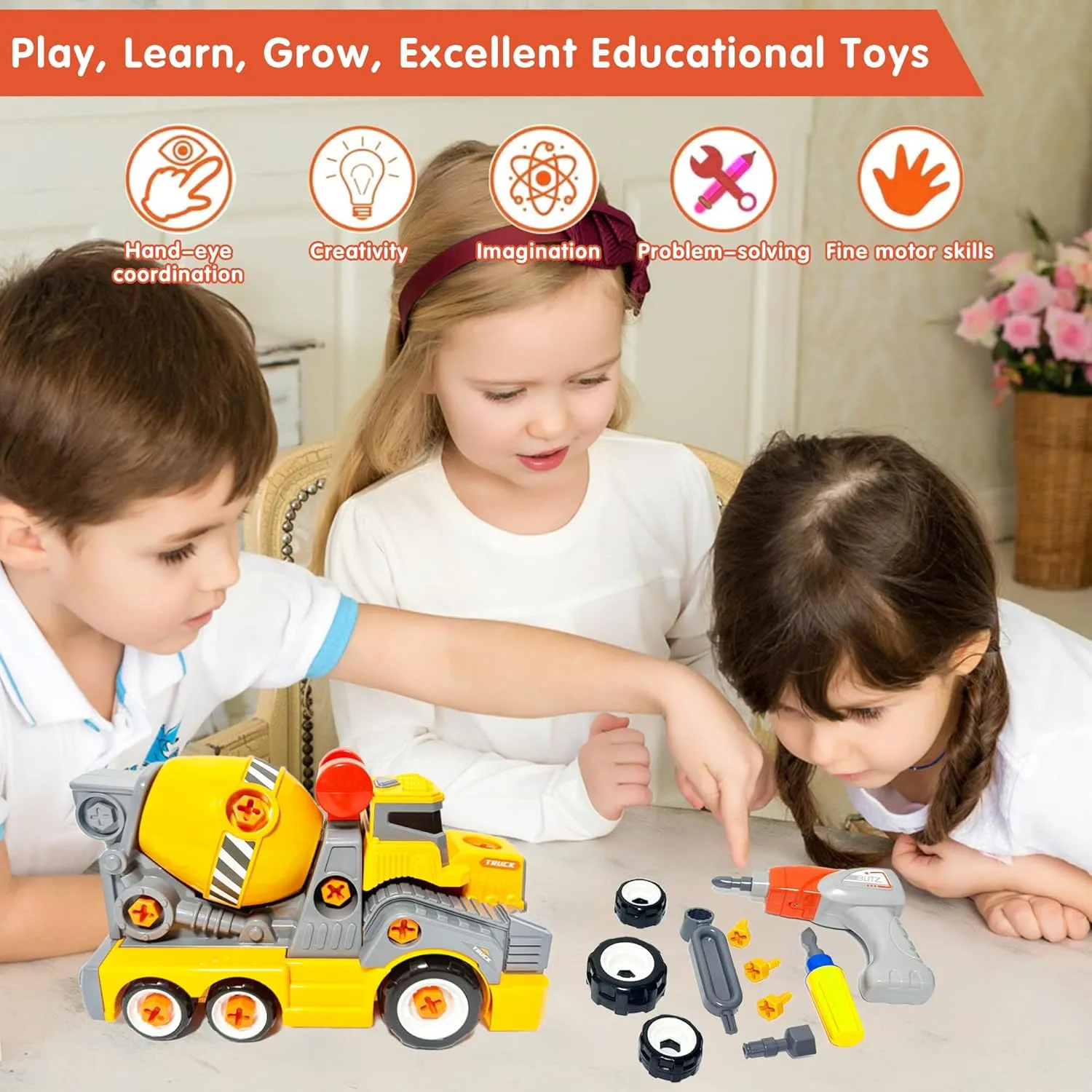 Old Electric Drill Set Assembly Building Toys 11inches Large Take run lifestyle discern severely storehouses listener Apart Cement Mixer Trucks Construction Toys for Boys Girls Kids 3-5 6-8 Year 