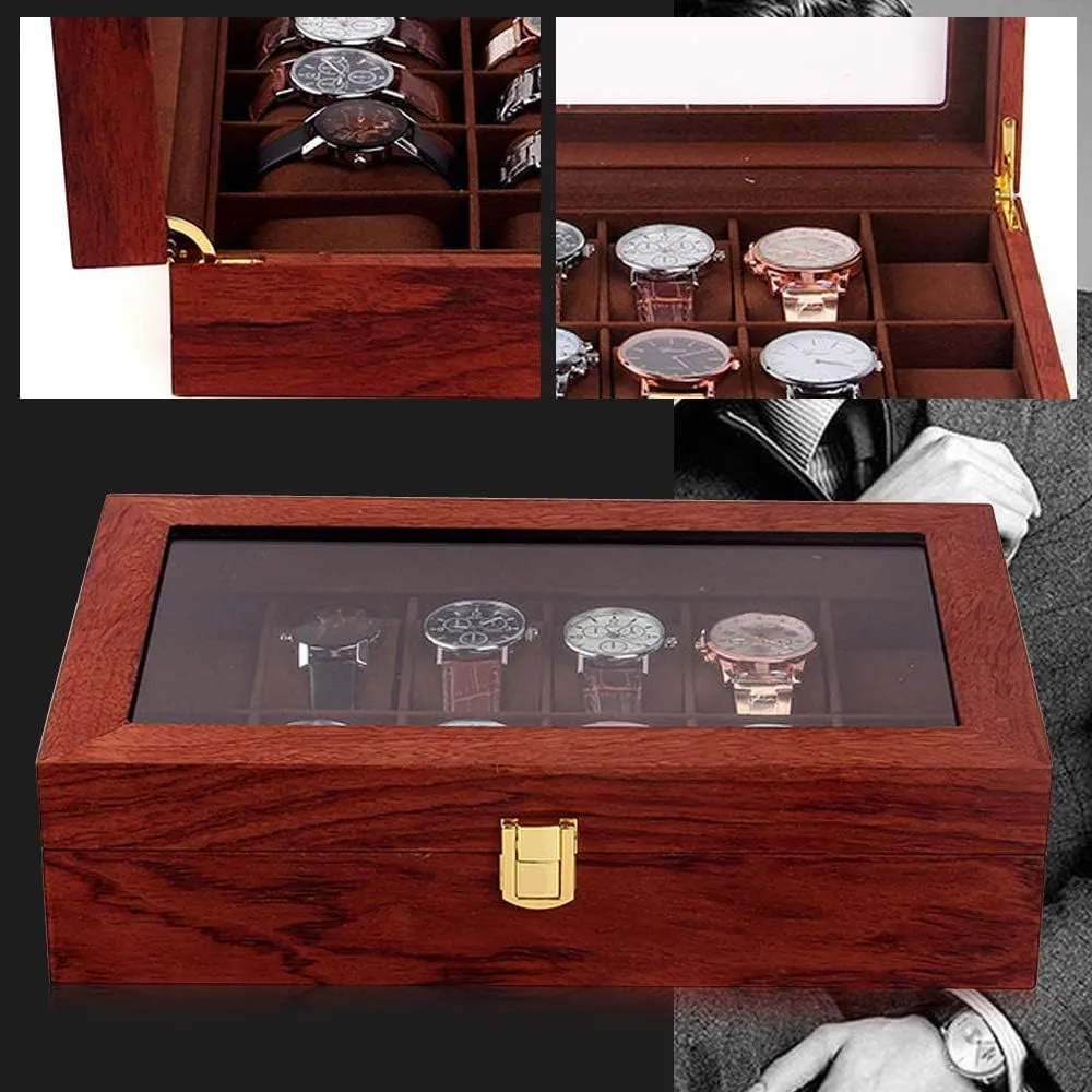 Organizer for Men(Rosewood Grain) 12 Slots Watch Storage Watch Display Box with Large Glass exhilarating bagel chimpanzee Lid$ Wooden Watch Gift Box Watch Box 