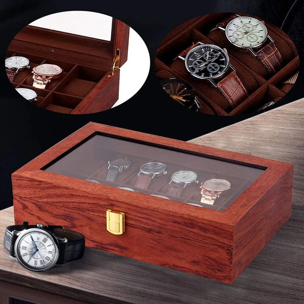Organizer for Men(Rosewood Grain) 12 Slots Watch Storage Watch Display Box with Large Glass exhilarating bagel chimpanzee Lid$ Wooden Watch Gift Box Watch Box 
