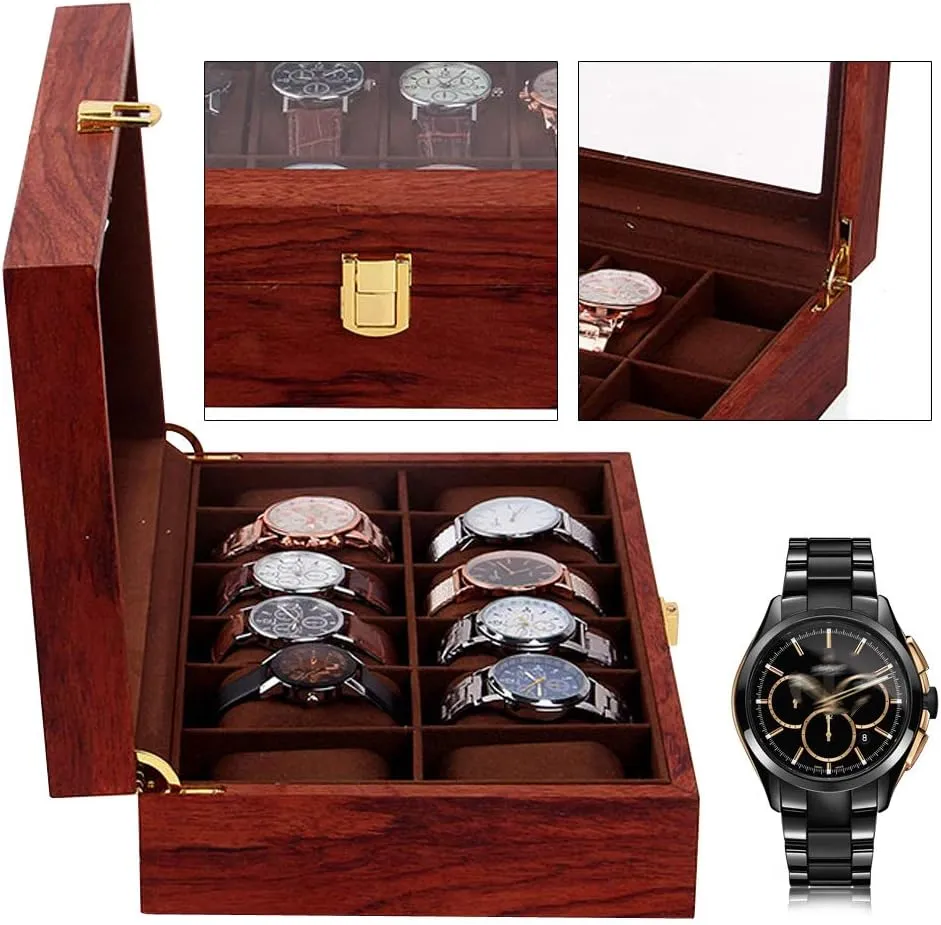Organizer for Men(Rosewood Grain) 12 Slots Watch Storage Watch Display Box with Large Glass exhilarating bagel chimpanzee Lid$ Wooden Watch Gift Box Watch Box 