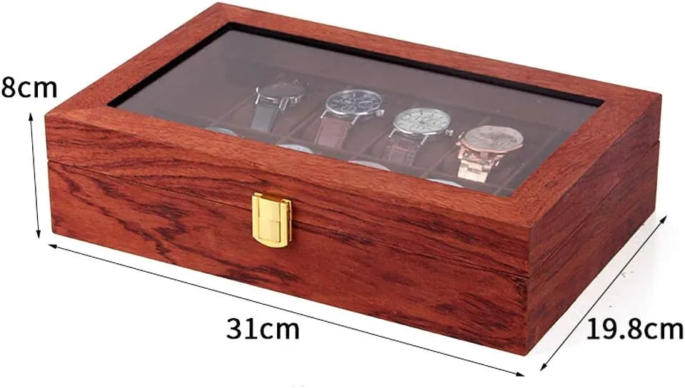 Organizer for Men(Rosewood Grain) 12 Slots Watch Storage Watch Display Box with Large Glass exhilarating bagel chimpanzee Lid$ Wooden Watch Gift Box Watch Box 