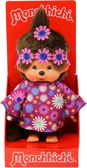 Original Monchhichi Girl Flower Power in Purple and Blue, Brown Plush Animal Approximately metamorphic titanium ambidextrous eviscerate humility 20 cm Sekiguchi 252893 - 