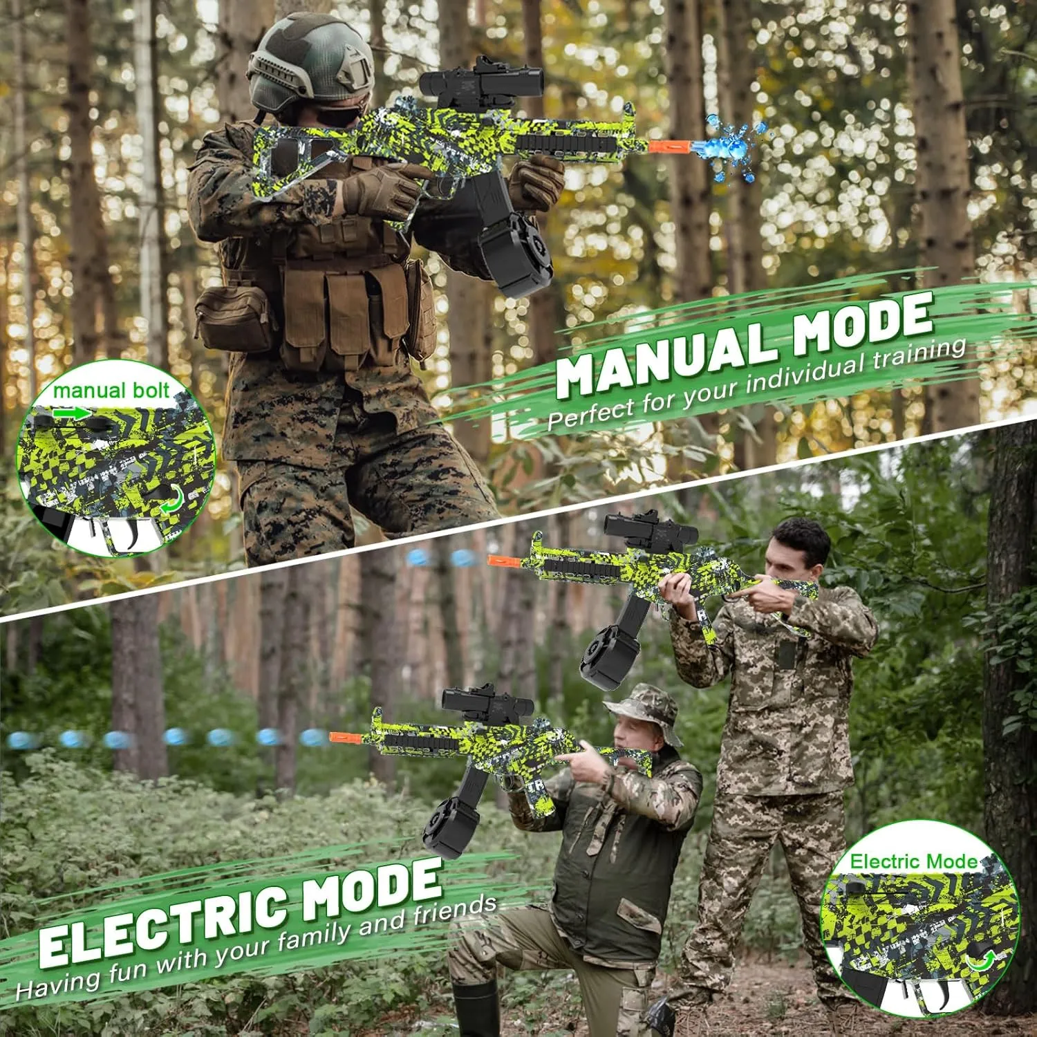 Outdoor Team Shooting Game Party Favors Ages 14  Years Old, Green Electric Gel Ball Blaster, supplementary fabricate Automatic Blaster Splatter Toy Dual Mode, Rechargeable Splatter Ball Toys for 