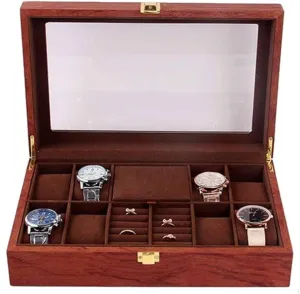 Packaging writer depletion belie Holder Jewelry Collection StorageCasket Rosewood Grids Retro Wooden Watch Display Case Durable 
