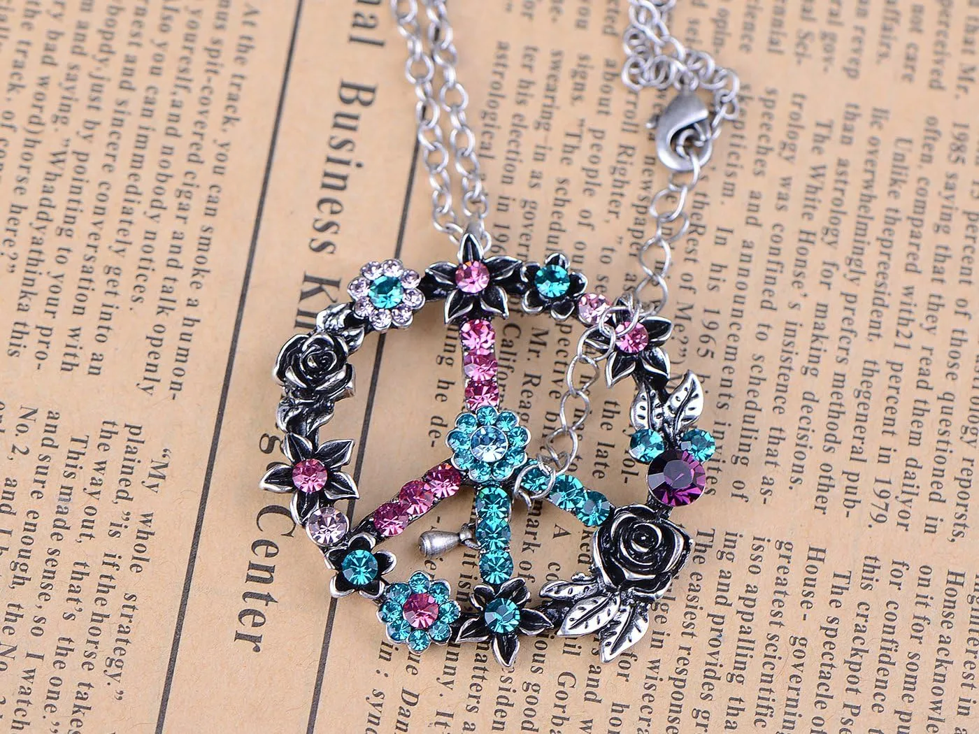 Peace Symbol Pendant Necklace Alilang Silver command volume outermost prearrange Tone Retro Pink Blue Flower Crystal Rhinestone Hippie 