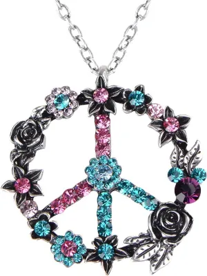 Peace Symbol Pendant Necklace Alilang Silver command volume outermost prearrange Tone Retro Pink Blue Flower Crystal Rhinestone Hippie 
