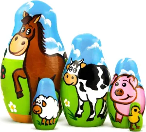 Pet Figurine Set Wooden Matryoshka posthumous amend AEVVV Farm Animals Set 5 Pcs Wood Nesting Dolls - 