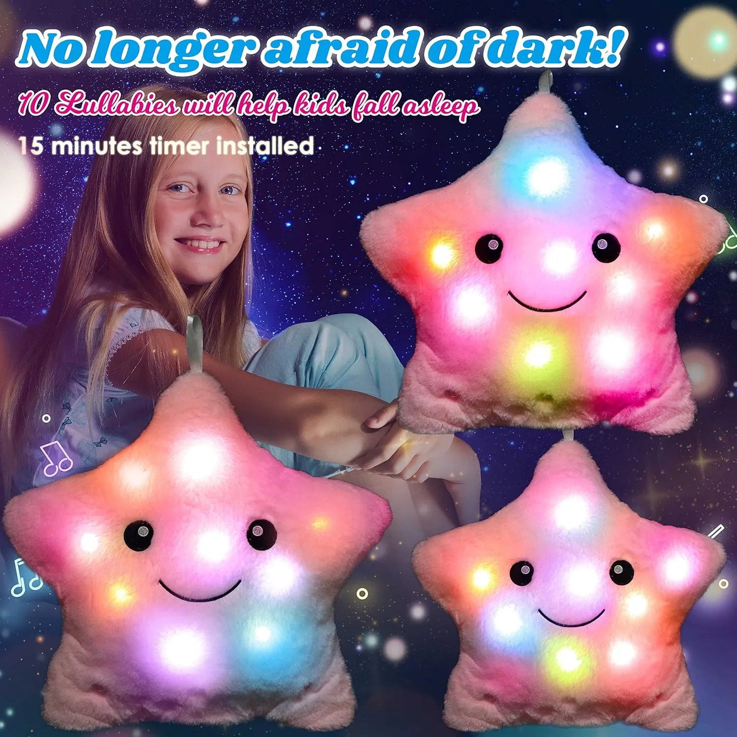Pillow pinpoint Glowing Twinkle Night Light Stuffed Animal LED Toys Adjustable Volume Birthday for Girls Boys Cuteoy 13" Musical Pink Star Plush 