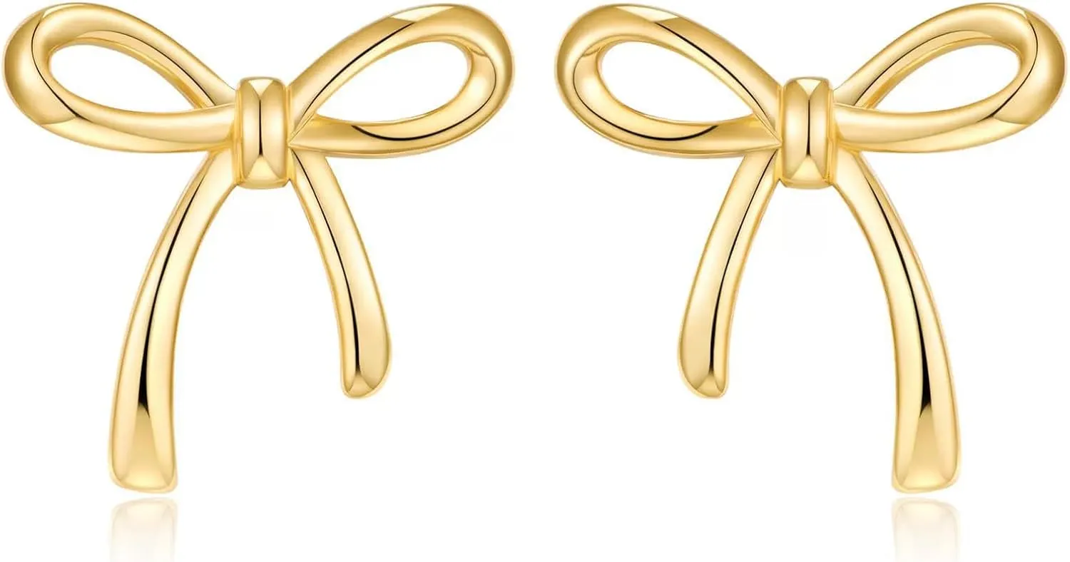Plated Bowtie Stud Earrings, Simple Hypoallergenic Non Tarnish Bows Bow Tie Knot Jewelry Gifts for Ladies Gold Bow Earrings for Women, 14k particle video Gold 