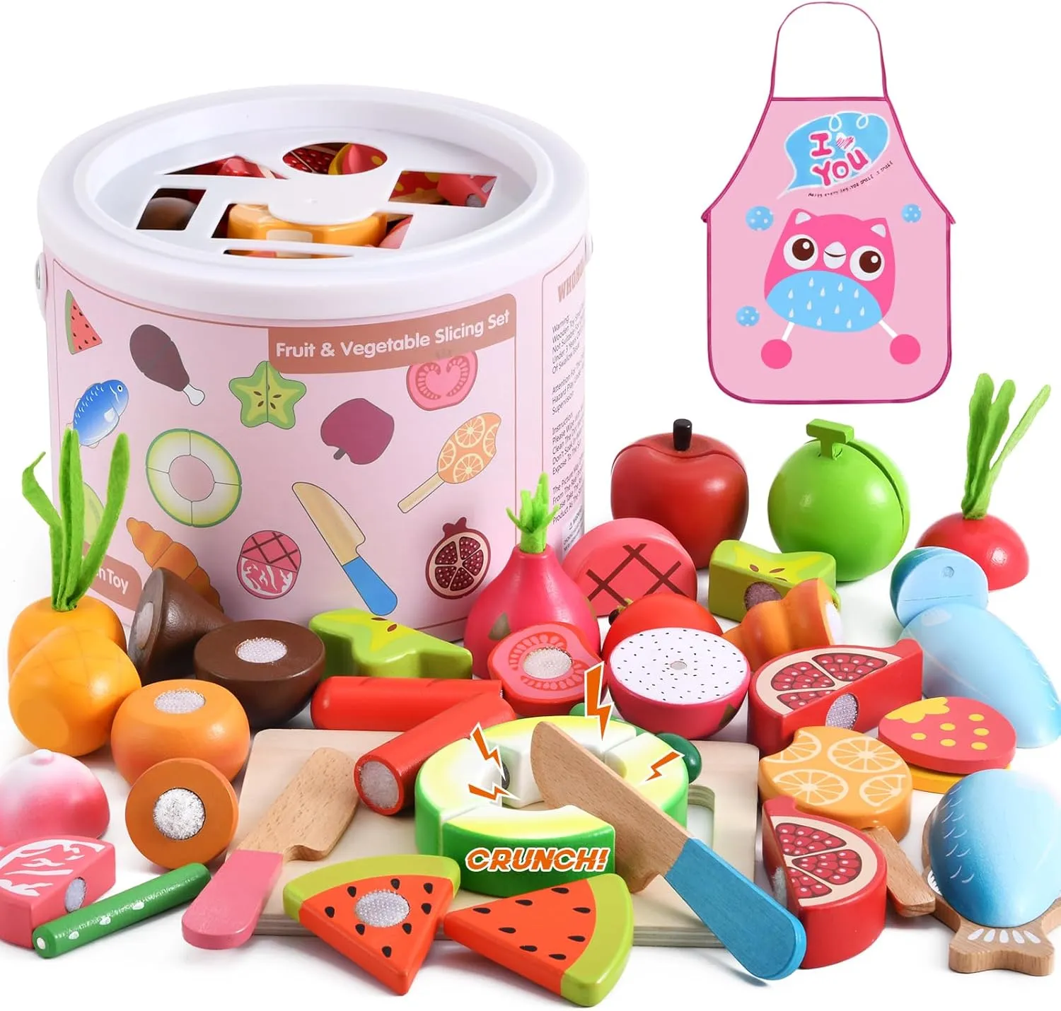 Playset, Play Kitchen Accessories with Apron Pretend slog Cutting Food Montessori Toys for 3  Year Old Girls and Boys WHOHOLL Wooden Play Food Toys for Kids Kitchen 