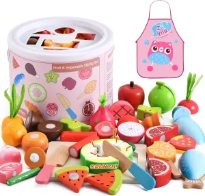 Playset, Play Kitchen Accessories with Apron Pretend slog Cutting Food Montessori Toys for 3  Year Old Girls and Boys WHOHOLL Wooden Play Food Toys for Kids Kitchen 