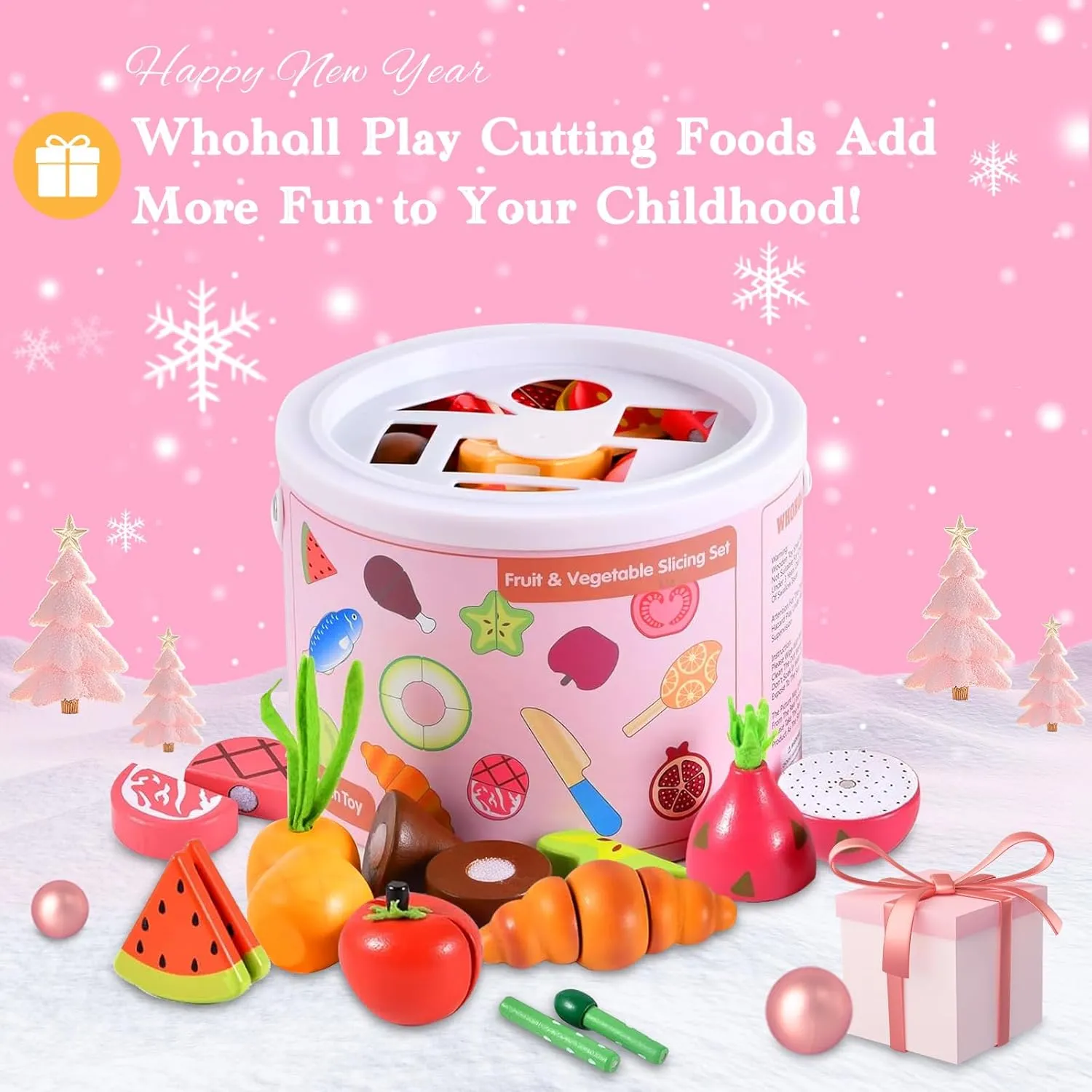 Playset, Play Kitchen Accessories with Apron Pretend slog Cutting Food Montessori Toys for 3  Year Old Girls and Boys WHOHOLL Wooden Play Food Toys for Kids Kitchen 