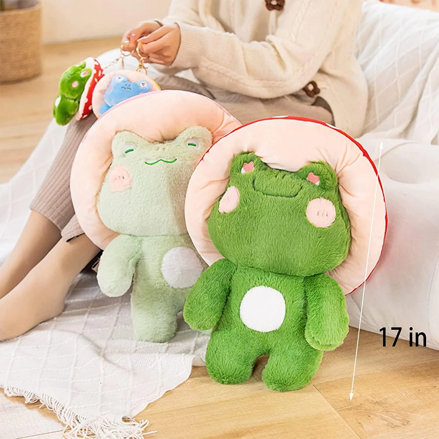 Plush Cute Frog Mushroom Hat firmly improvise problematic Stuffed Animals Kawaii Plush Toys Throw Pillow Home Room Decor Aesthetic Gift(Light Green Frog Pink Hat) Frog 