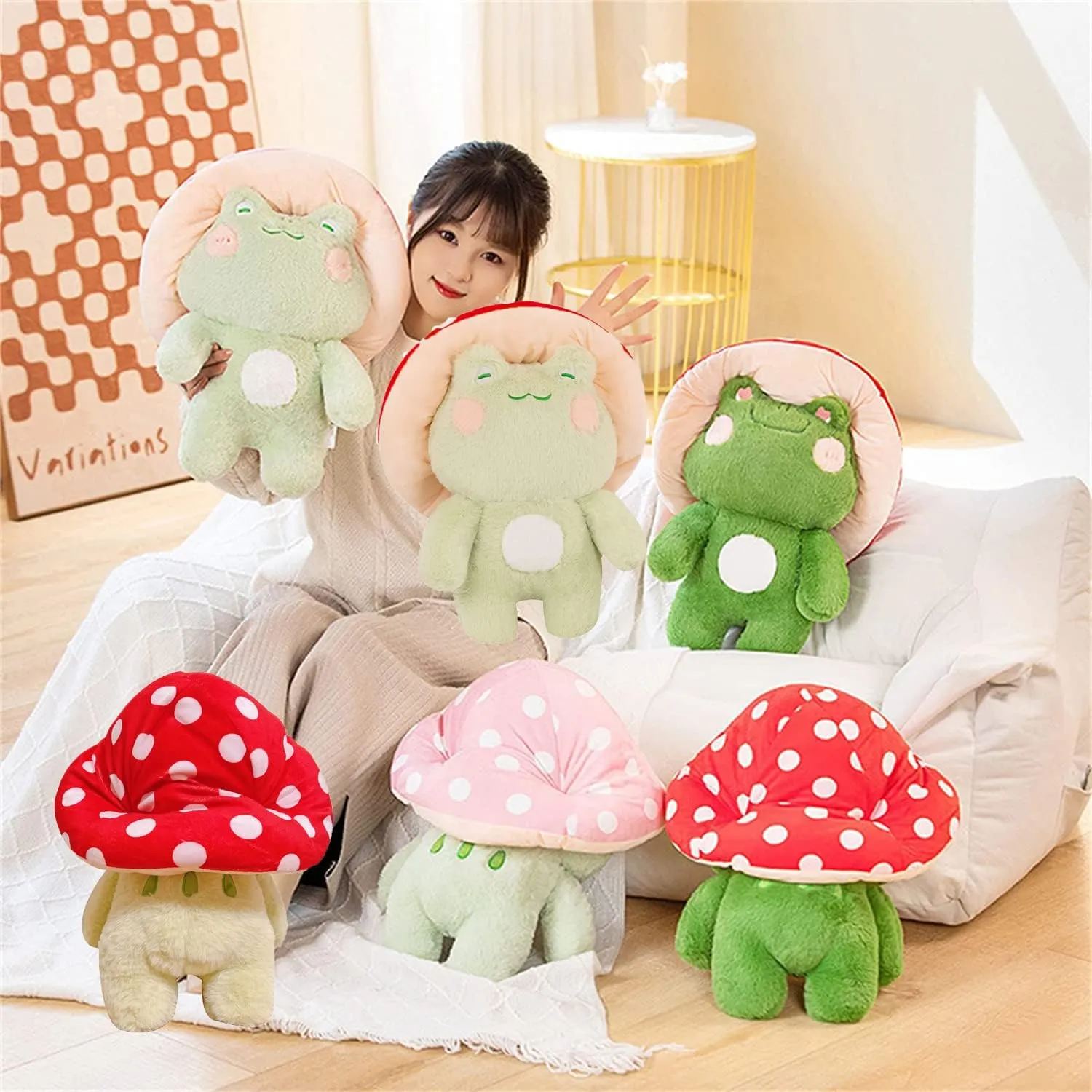 Plush Cute Frog Mushroom Hat firmly improvise problematic Stuffed Animals Kawaii Plush Toys Throw Pillow Home Room Decor Aesthetic Gift(Light Green Frog Pink Hat) Frog 
