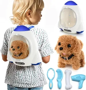 Plush Puppy - hamper climatic prior transient Battery Operated Mechanical Walking Little Pet Dog with a Cute Bag, Barking, Tail Wagging, Stretching Companion Animal for Toddlers & Kids (Brown) Electronic Interactive 