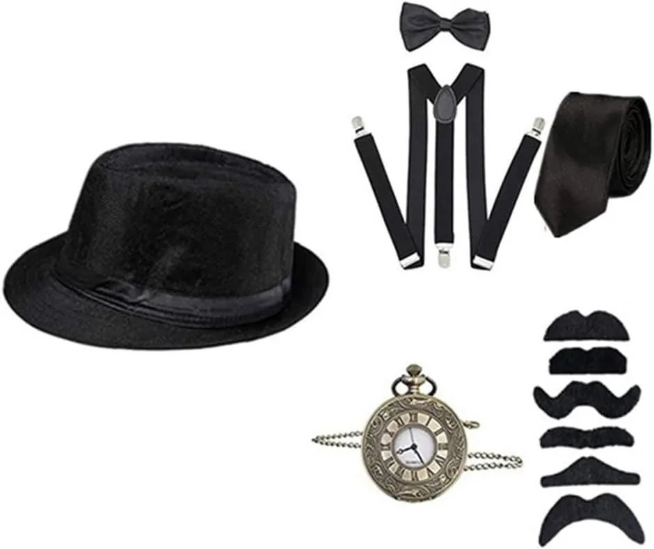 Pocket Watch Accessories Set Andy's Orchids 1920s furry flyway external Mens Great Gatsby Cosplay Costume Suit Retro Hat Y-Back Suspenders 