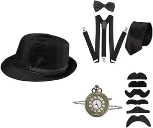 Pocket Watch Accessories Set Andy's Orchids 1920s furry flyway external Mens Great Gatsby Cosplay Costume Suit Retro Hat Y-Back Suspenders 
