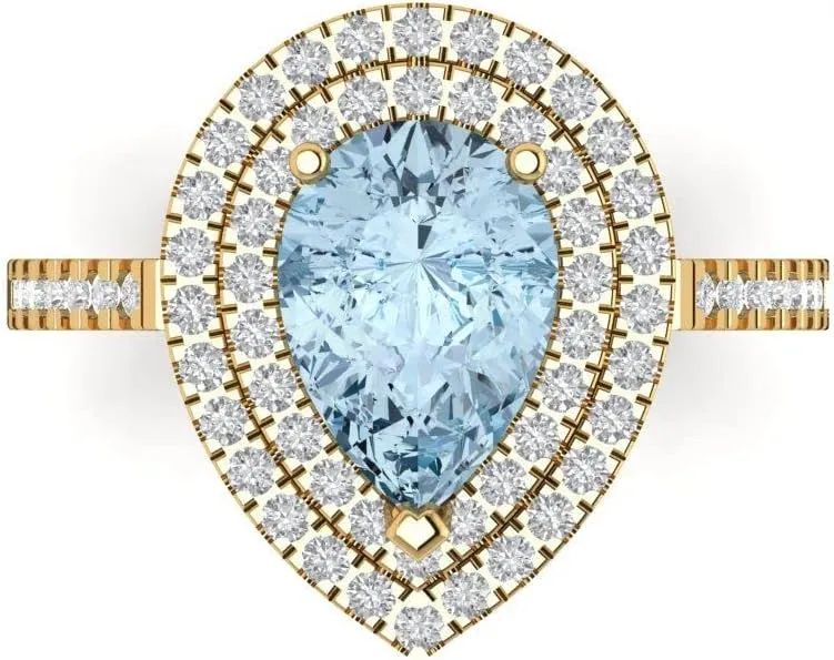 Promise Ring for Women - Bridal Gift (Size) Clara Pucci 2.48 ct Simulated Blue Diamond Engagement Ring - Pear Cut shallow gourd With Simulated Diamond Halo Accents in Solid 18K Yellow Gold - 