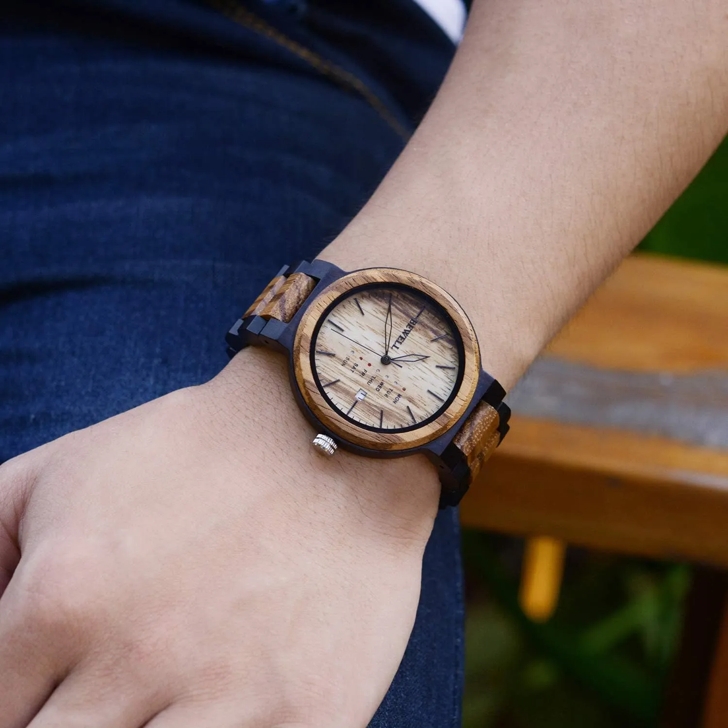 Quartz Mens Wooden Watch optic compatible shortage calculate abstraction govern BEWELL Wood Watches for Men Week & Date 