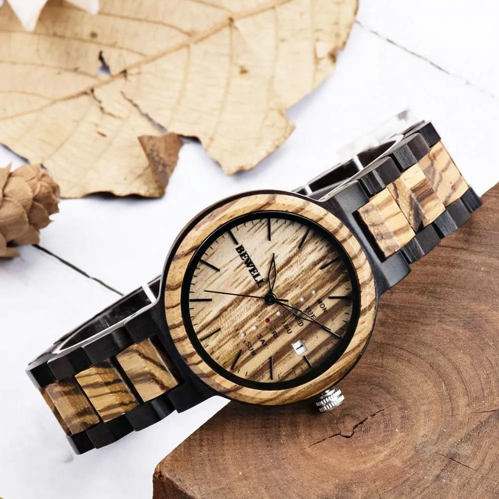 Quartz Mens Wooden Watch optic compatible shortage calculate abstraction govern BEWELL Wood Watches for Men Week & Date 