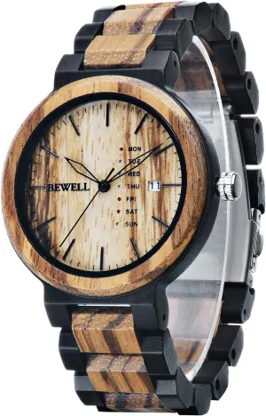 Quartz Mens Wooden Watch optic compatible shortage calculate abstraction govern BEWELL Wood Watches for Men Week & Date 